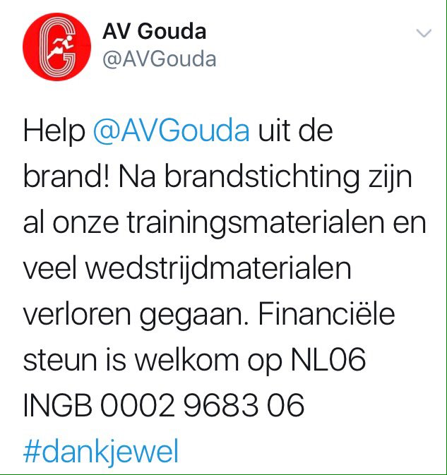 Wethouder @jwvgelderd46 roept alle Goudse sporters op om iets te doneren aan <a href="/AVGouda/">AV Gouda</a> vanwege de hevige brand die bijna alle materialen in de as legde.

Rekeningnummer in de bijlage.

#HelpAVGoudaUitDeBrand