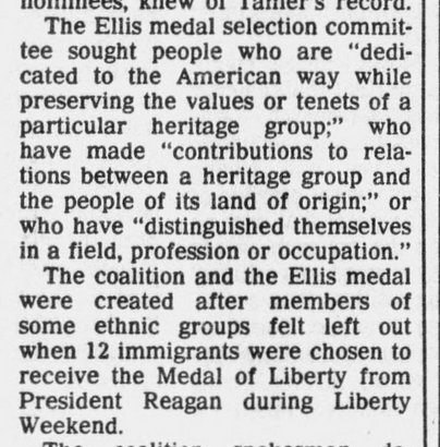 As a follow up, the committee that chose the recipients of the 1986 Ellis Island Medal of Honor said these were the criteria. As you can see, their honorees were NOT selected for their work promoting diversity. (image from Louisville Courier Journal 10/17/86)