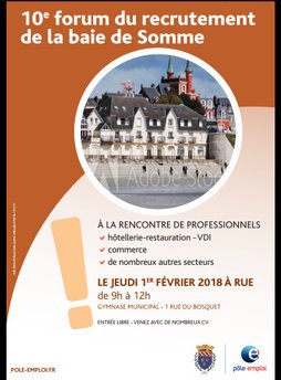 A noter sur vos agendas le forum du recrutement de la baie de Somme
Organisation mairie de #Rue et le pole emploi #Abbeville 
Venez nombreux avec vos cv pour rencontrer plus de 80 établissements