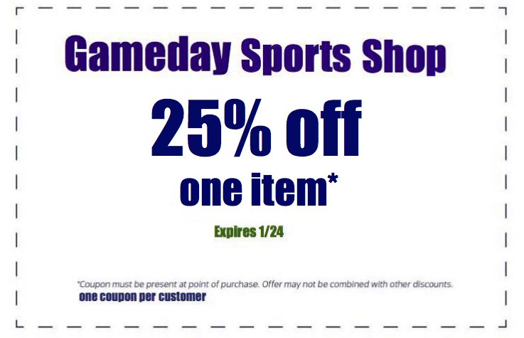 GamedayShop's tweet photo. Start off the New Year right and take 25% off one item from now until January 24th in-store with this coupon! Coupon valid at all Gameday Sports Shop locations! #ShopLocal #NFL #MLB #MLS https://t.co/eTd5sonacj