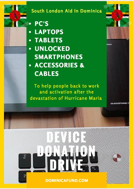 Aid_In_Dominica's tweet photo. If you have any old devices in working order, they can make a real difference for people in #Dominica to get back to work and earn a living - #Donations can be brought to Peckham Tech Hub, Peckham Hill Street, SE15 5JT #Recycle #Charity https://t.co/D7mcZts45o