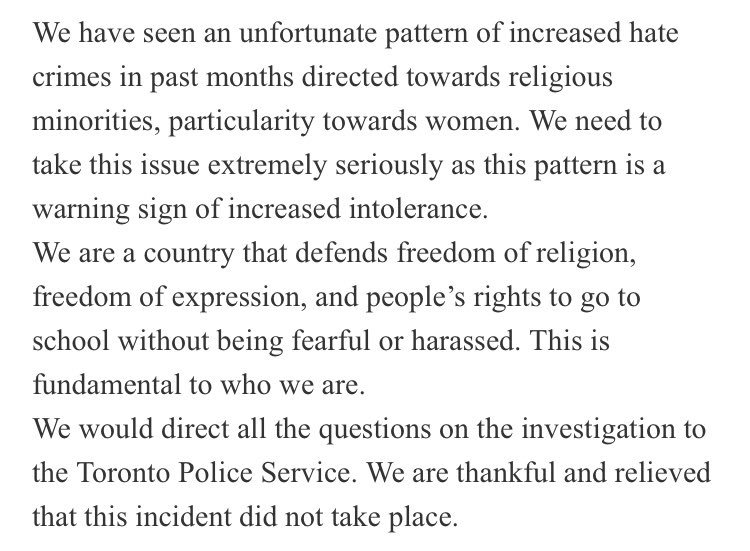 BREAKING: PM Trudeau releases statement following news that the hijab cutting attack didn't happen in Toronto https://t.co/fhNCEZUlOM