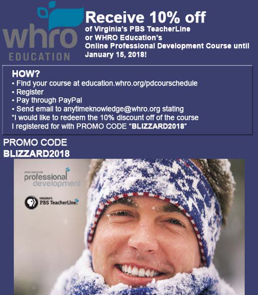 WHROEducation's tweet photo. Receive 10% off @WHROEducation & @pbsteacherline #onlinepd using promocode BLIZZARD2018. Classes start 1.15.18. https://t.co/9ApG8595He #WHROAmGrad #RecertificationPoints #lifelonglearning #PD #onlinePD #onlinelearning #elearning #edchat #edtechchat #edtech https://t.co/glHpagvSbF