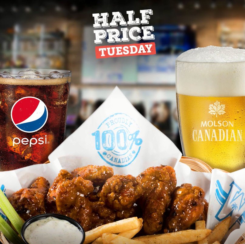 Spice up your Tuesday and save. Half-price wings in any of our delicious 101 flavours. Get a hot lunch for less.
*With the purchase of any beverage. At participating locations. Some restrictions may apply. 1290-2830 cals. Find Your New Fav Here: ow.ly/XBZn30hMFR6