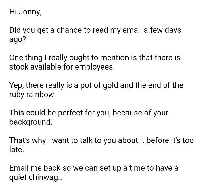 recruiterbro's tweet photo. "There is stock available for employees. Yep, there really is a pot of gold at the end of the ruby rainbow" via @JonnyArnold89 https://t.co/JQwANDfyxl