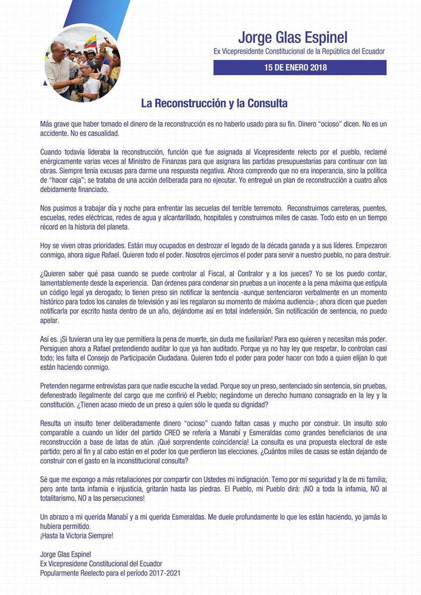 LosAmigosDJorge's tweet photo. ✅👉📱 Los Amigos de Jorge Glas al país

Damos a conocer esta 
[IMPORTANTE] información de nuestros, compañero, hermano y amigo:  

"#ReconstruYoEc y la #ConsultaPopularEc", carta de nuestro compañero Jorge Glas Espinel.

#GlasPresoPolítico
#LibertadParaJorgeGlas https://t.co/QuvcRphHp2