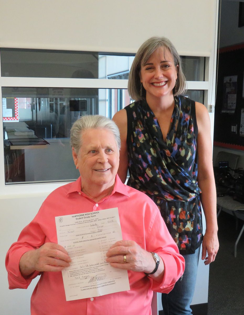 BrianWilsonLive's tweet photo. Brian’s high school music teacher Fred Morgan: “Brian wrote a composition for me and it turned out to be ‘Surfin.’ That composition got an F, but it made a million dollars.” Brian’s failing grade has now been changed to an A on this assignment by Dr. Landesfeind! https://t.co/ICANT605Kx