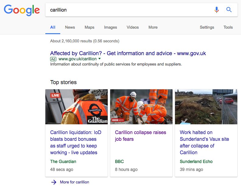 DanClicky's tweet image. Terrible news about Carillon. However, it was admirable to see UK Gov website trying to reach employees affected through paid search, I hope there's a mutual resolution for both sides moving forward.