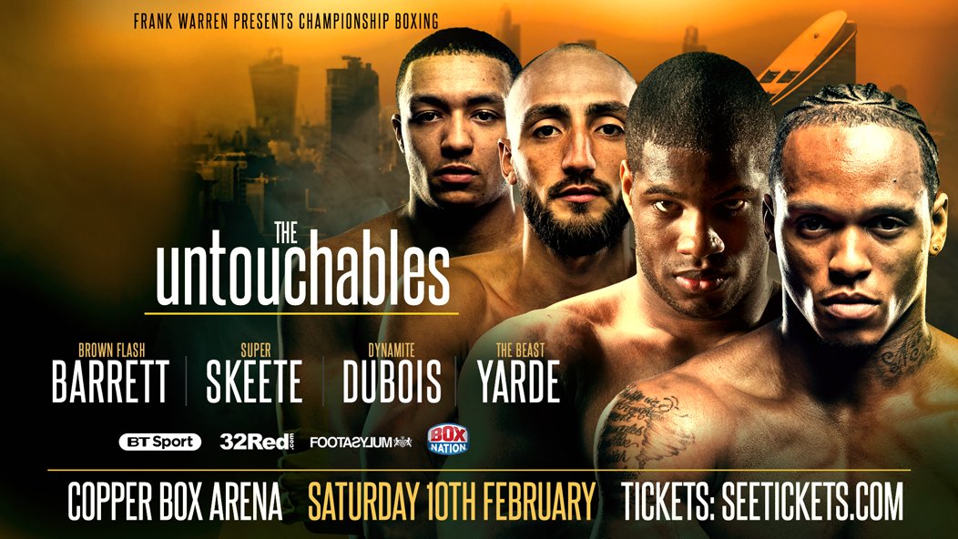 boxingontnt's tweet photo. Bradley Skeete v Laszlo Toth 👊
Anthony Yarde v Tony Averlant 👊
Daniel Dubois v DL Jones 👊
Zelfa Barrett v Ivan Ruiz Morote 👊

The Untouchables will be live on BT Sport HD on Saturday 10th February 🥊 https://t.co/cBmh0Ylek9