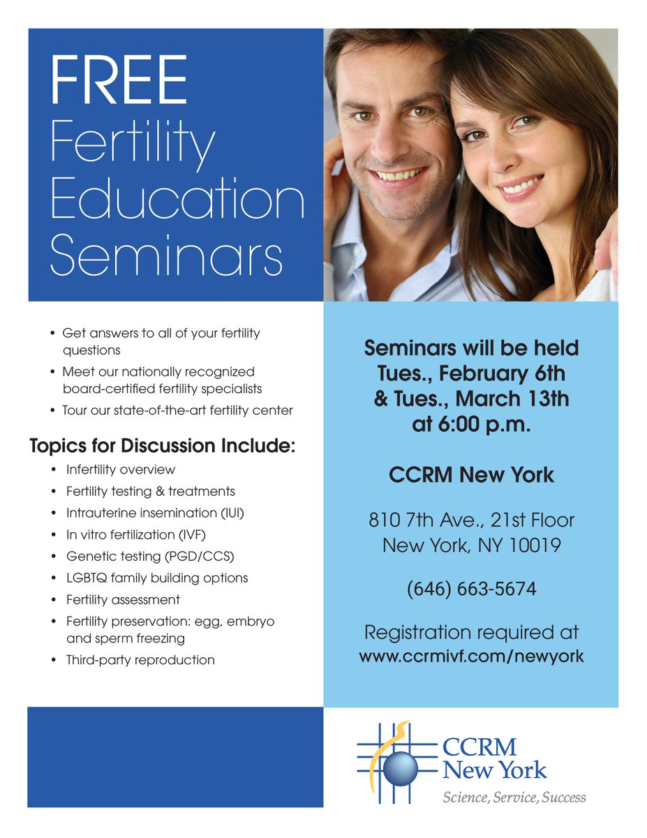 <a href="/CCRM_NY/">CCRM New York</a> is hosting FREE Fertility Education Seminars at our Manhattan clinic starting in Feb. This is a great opportunity to speak with our award-winning reproductive endocrinologists. Sign-up today at: ccrmivf.com/newyork!