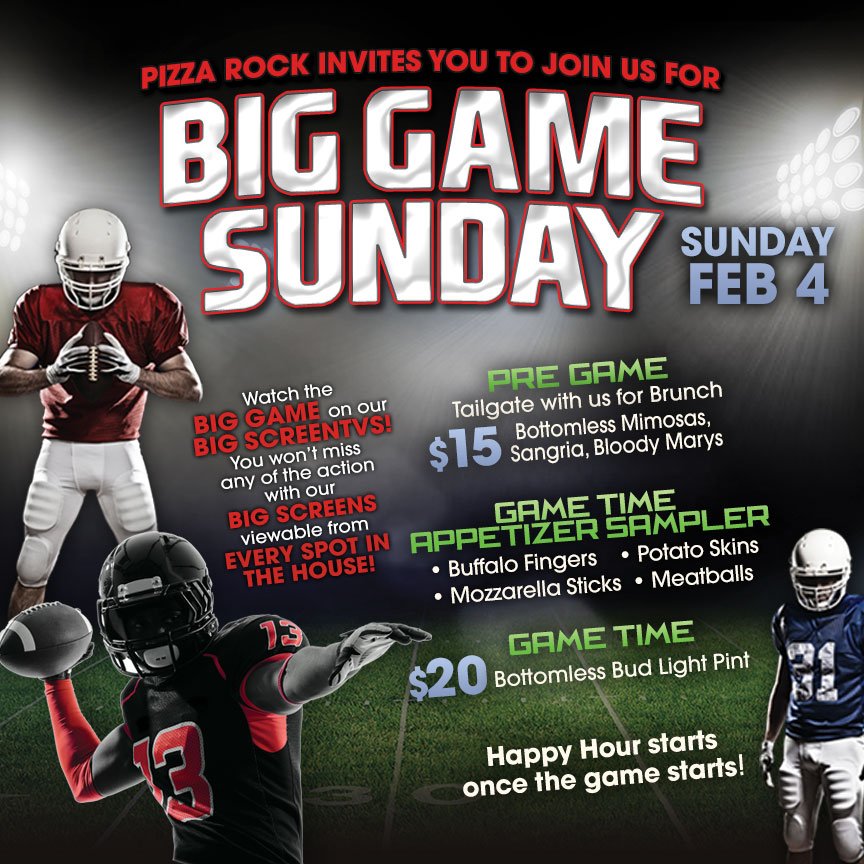 Watch the #BigGame with us @PizzaRockGVR! Lots of big screens, pre game & game time specials! #BigGameSunday