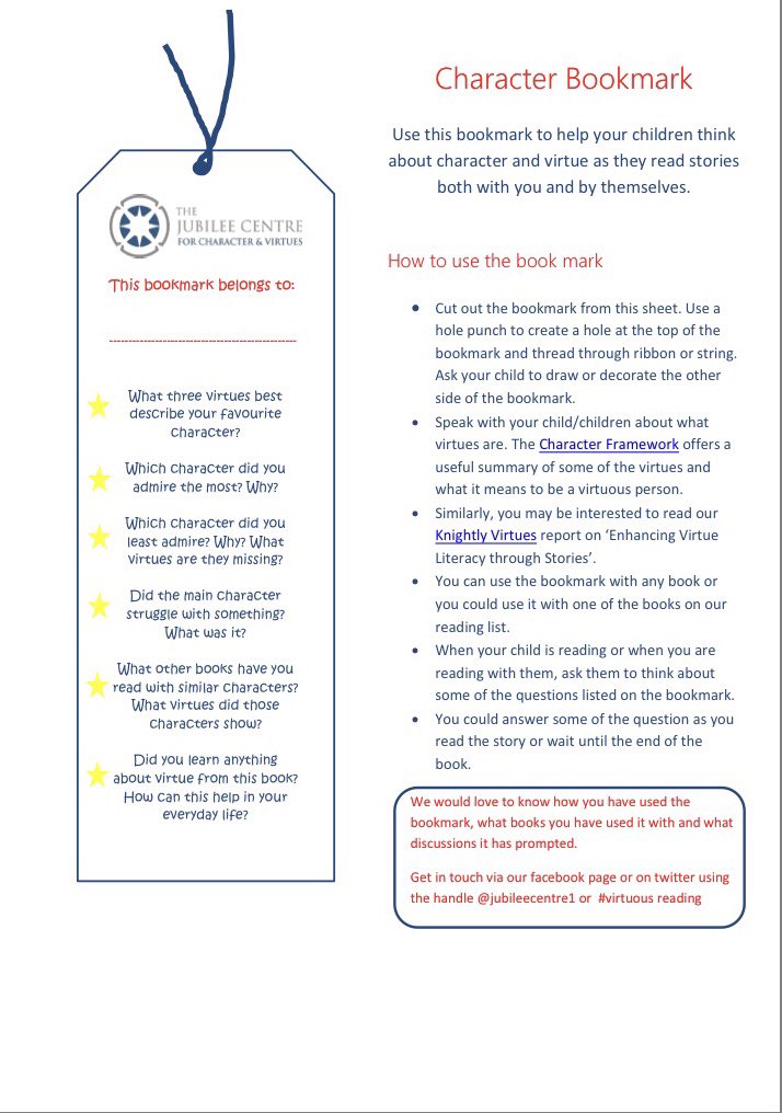 JubileeCentre1's tweet photo. Download your #CharacterBookmark #virtuousreading #charactereducation https://t.co/Z7jSnMHL3J https://t.co/MArNGT0PVM
