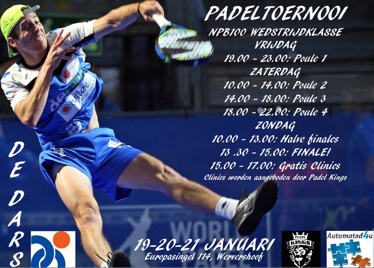 dedars's tweet image. Het 1e NPB toernooi in Dars van 19 t/m 21 jan!  Kom kijken of geef je op voor de gratis clinic van de  PadelKings.