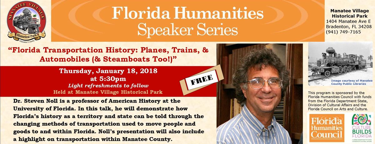 FlHumanities's tweet photo. Dr. Steven Noll explains Florida’s history through methods of transportation used to move people and goods to and within FL. @ManateeVillage https://t.co/1BZUiRFRoH