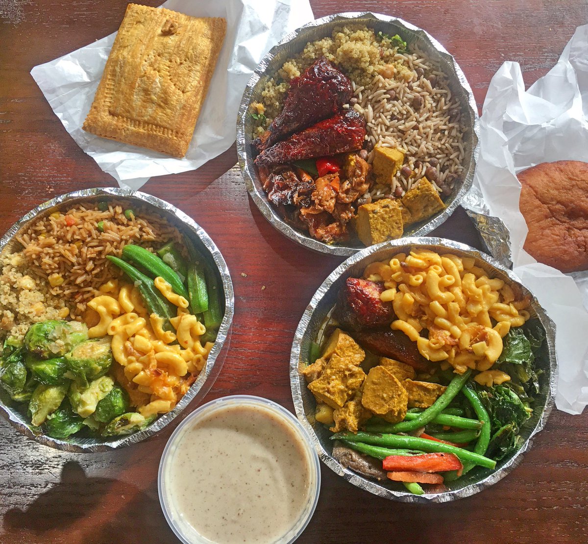 SWEETandSARA's tweet photo. Vegan Caribbean. So good. We ordered everything. Big ups to this amazing Queens spot. #vegan #lunchwithbff https://t.co/9SCj2bdzRj