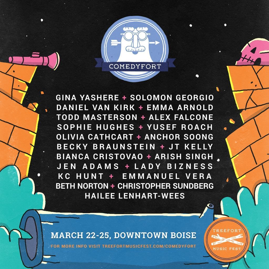 comedyfortfest's tweet photo. TA-DA! IT'S THE LIST featuring your Comedyfort headliners @ginayashere and @solomongeorgio inluding the talented Emma Arnold and @danielvankirk Get your @treefortfest tix already, what are you doing with your life? https://t.co/fWo5ItJNHF
#boisecomedy #comedyfort #standup https://t.co/tVTGaJnS31