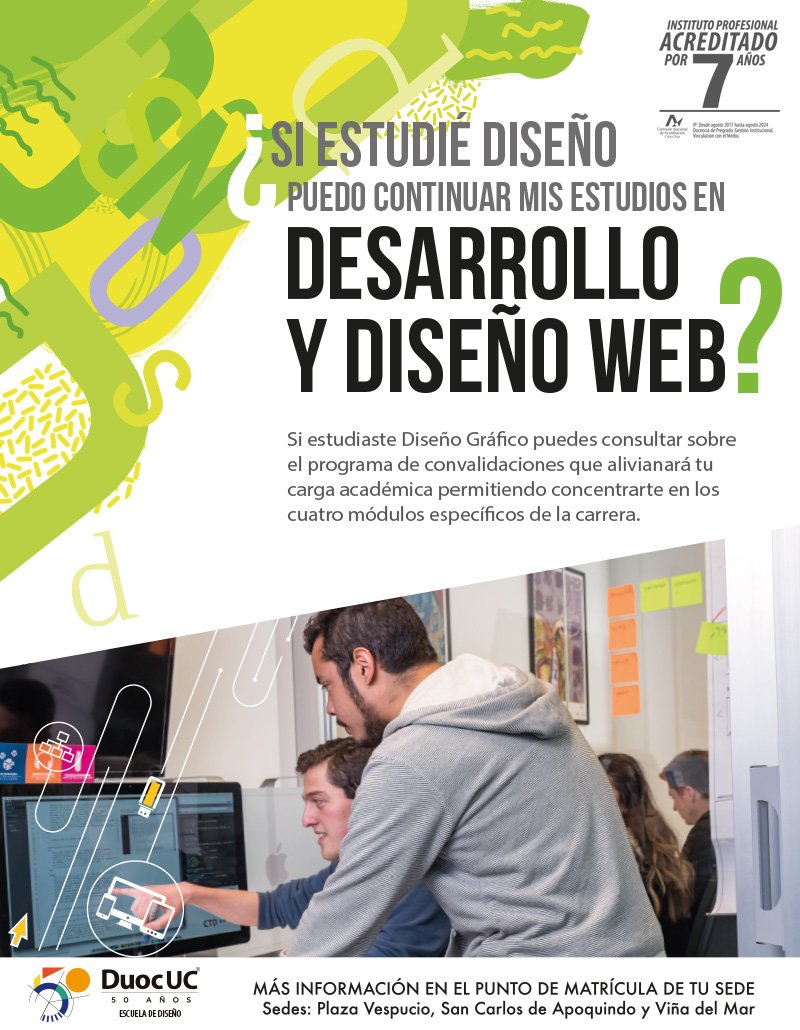Desarrollo y Diseño Web, con cuatro módulos en Arquitectura y Diseño de Interfaces Web, Desarrollo Front End, Implementación de Framenworks y Gestión de Proyectos y Servicios y programa de convalidación que permite disminuir la carga académica. +info goo.gl/T84rte