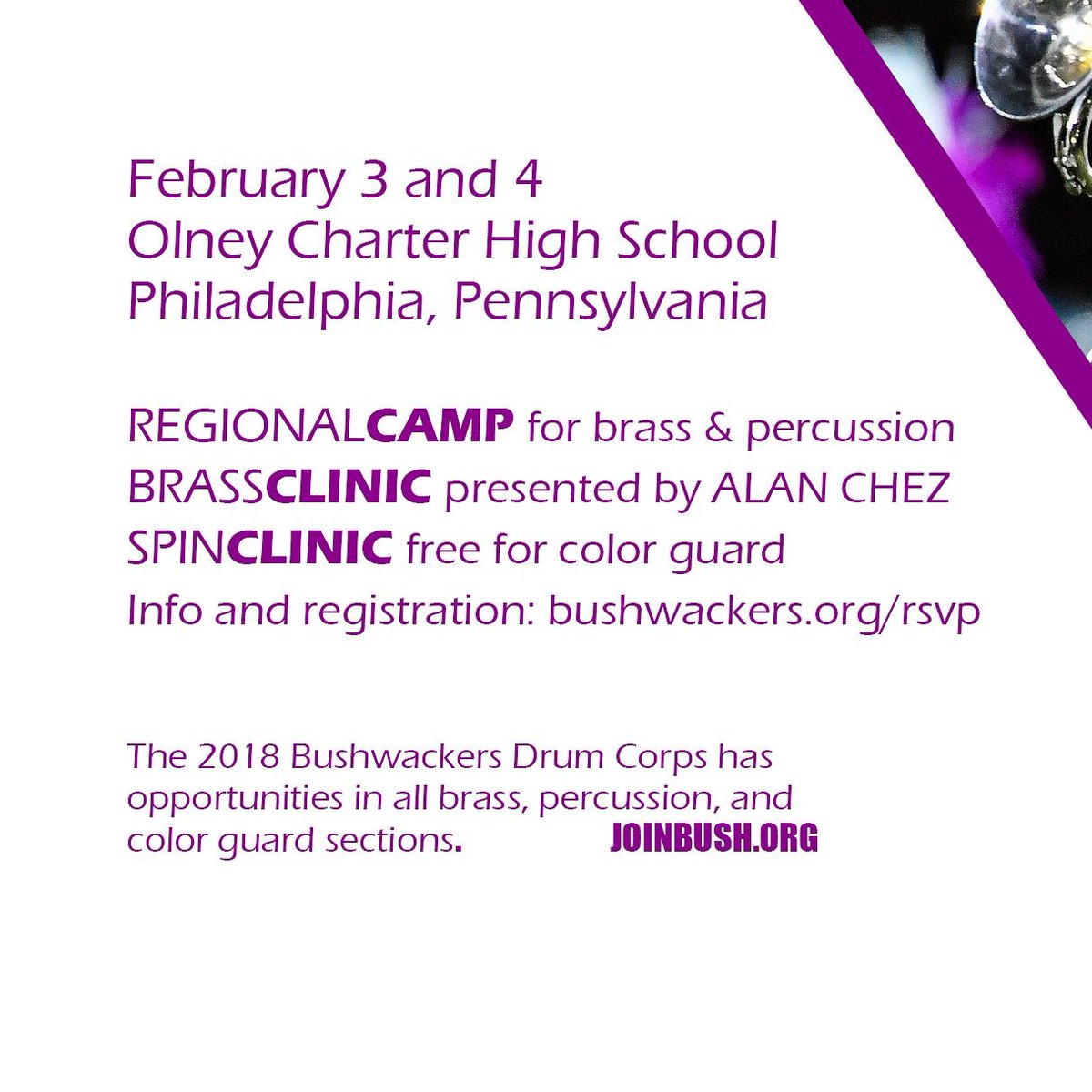 Brass, percussion, and guard -- join us for these events in February! bushwackers.org/rsvp