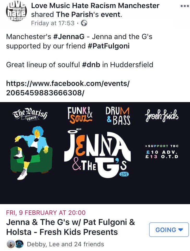 Aceness. big up the excellent Love Music Hate Racism for highlighting 9th Feb with Jenna G + me and Holsta in Huddersfield. Much love and appreciation -> facebook.com/events/2065459…
