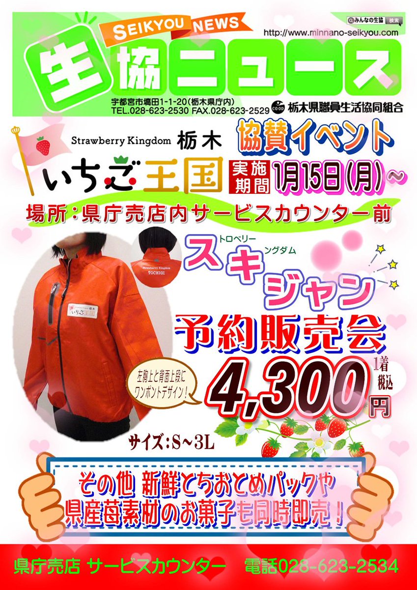 栃木県農政部 Auf Twitter いちご王国情報 農政部をいちご色に染めている Strawberry Kingdom ジャンパー 愛称 スキジャン を注文販売しています サイズはs 3l 価格は4 300円です 注文は 県庁生協売店 028 623 2534 まで T Co Sp5rpt8x9v