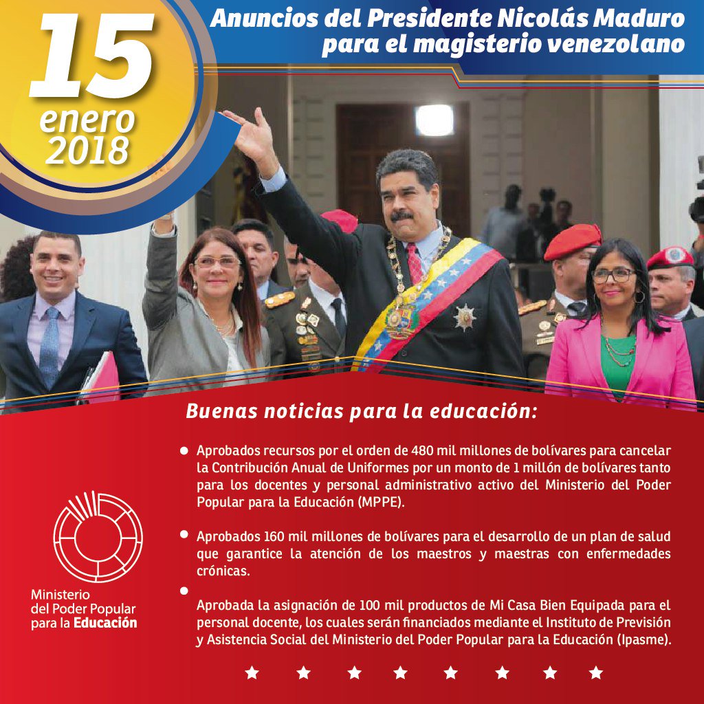 mineducacion_ve's tweet photo. #IMPORTANTE Estos son los principales anuncios realizados por el Pdte. @NicolasMaduro durante su #MensajeAnualANC2018 ¡Magisterio protegido en Revolución! https://t.co/vi0XR5uVZT