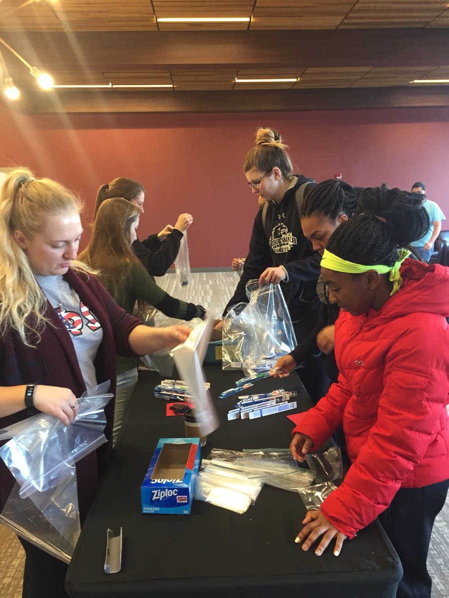 BridgewaterWBB's tweet photo. Enjoyed helping BC Student Life reach their goal of 1000 dental and hygiene kits at the Comfort Case Packing Event for children in need #BCgivesBack https://t.co/KUvFT83KO3
