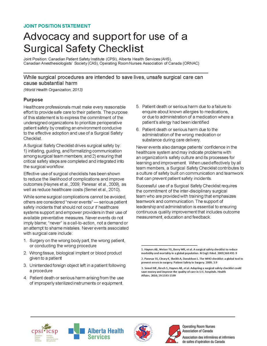 HE_ES_Canada's tweet photo. Nine years ago, the Surgical Safety Checklists were introduced across Canada. Today, several organizations are supporting its use through a Joint Position Statement. Surgical Safety Checklists are #SmartForPatientsSmartForProviders. https://t.co/WQhmCSUVO4 https://t.co/vw1hG7mhpH