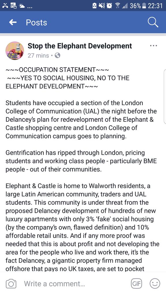 UpTheElephant_'s tweet photo. BREAKING: Students have occupied the @LCCLondon campus at #elephantandcastle in protest against Delancey's &amp; UALs destructive plans https://t.co/XuxZsxFBJX