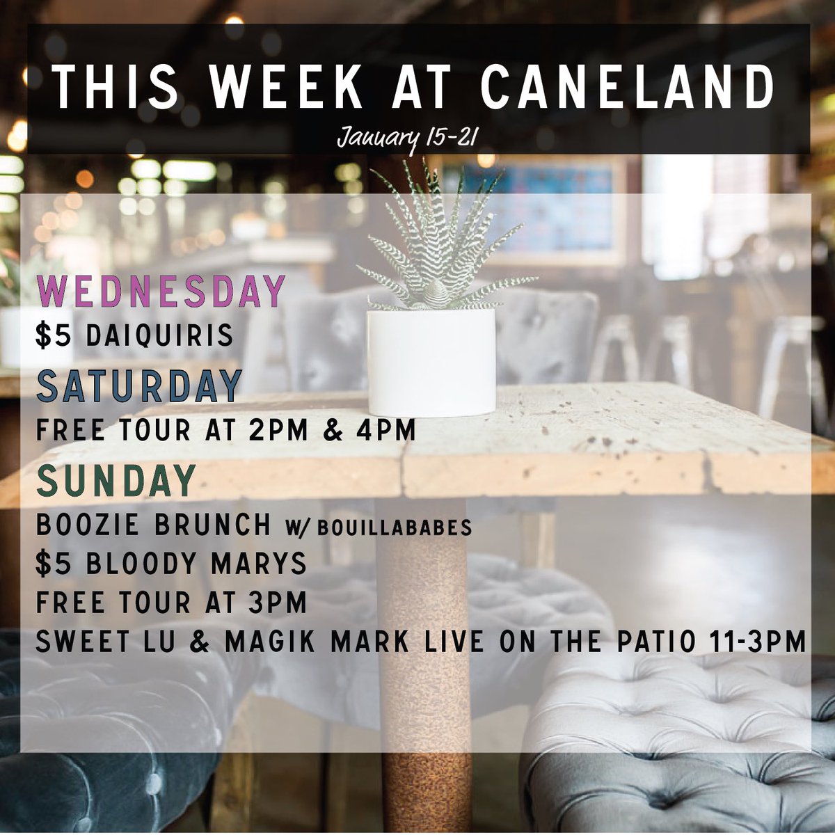 Here’s what we have going on this week <a href="/CaneLandDistill/">Cane Land Distilling</a>!