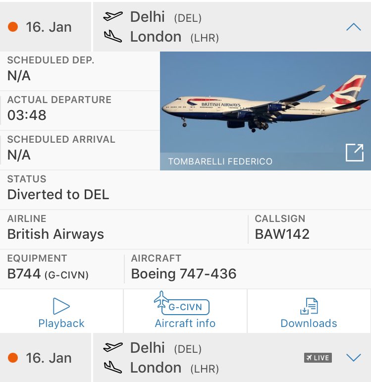 FlightIntl's tweet photo. British Airways flight #BA142 from Delhi to London (LHR) returned to DEL last night and is continuing to LHR now (via @harryharrad) https://t.co/k42FtsS6nk