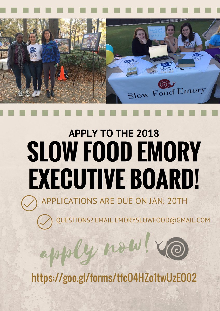 SlowFoodEmory's tweet photo. Slow Food Emory has extended our deadline for Exec Board Apps! Applications are now due on January 20th!

Apply now: https://t.co/5DGGLTWPpg!

Position descriptions are listed on the google form. Please email emoryslowfood@gmail.com if you have any questions. https://t.co/3y69YwH10Z