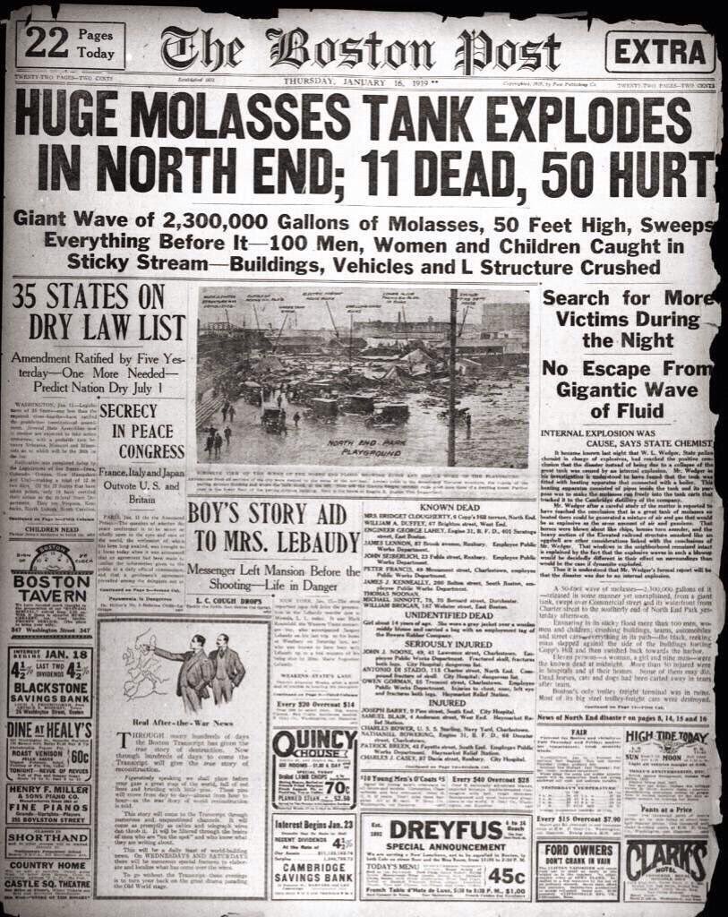 BostonTweet's tweet photo. 99 years ago today the Boston Molasses Disaster occurred when 2.3 million gallons of molasses flooded the North End. 

The molasses flooded the North End at a speed of 35mph with 25 foot tall waves that killed 21 people. https://t.co/K9VsdzVrPQ