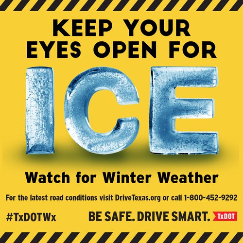 TxDOT's tweet photo. As Texas braces itself for Winter Storm Inga, TxDOT continues pre-treating roads in anticipation of freezing rain and ice. Ice can still form even with this pre-treatment. It’s imperative for drivers to slow down and use extra caution if they absolutely need to drive. https://t.co/t5C7UJXStt