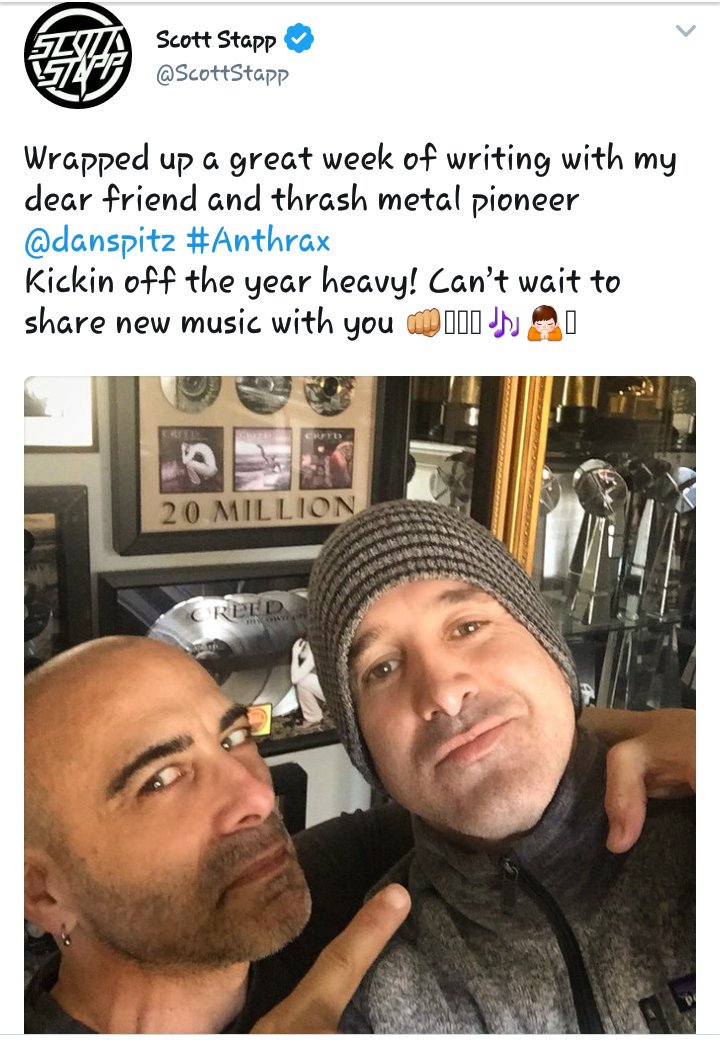 AnthraxAAngel's tweet photo. So excited for this
#Creed meets #Anthrax 
@ScottStapp &amp; @danspitz
ARE YOU READY TO BLOW YOUR MIND!?
#metal #NewMusic #heavy https://t.co/RB2dRmoLE7