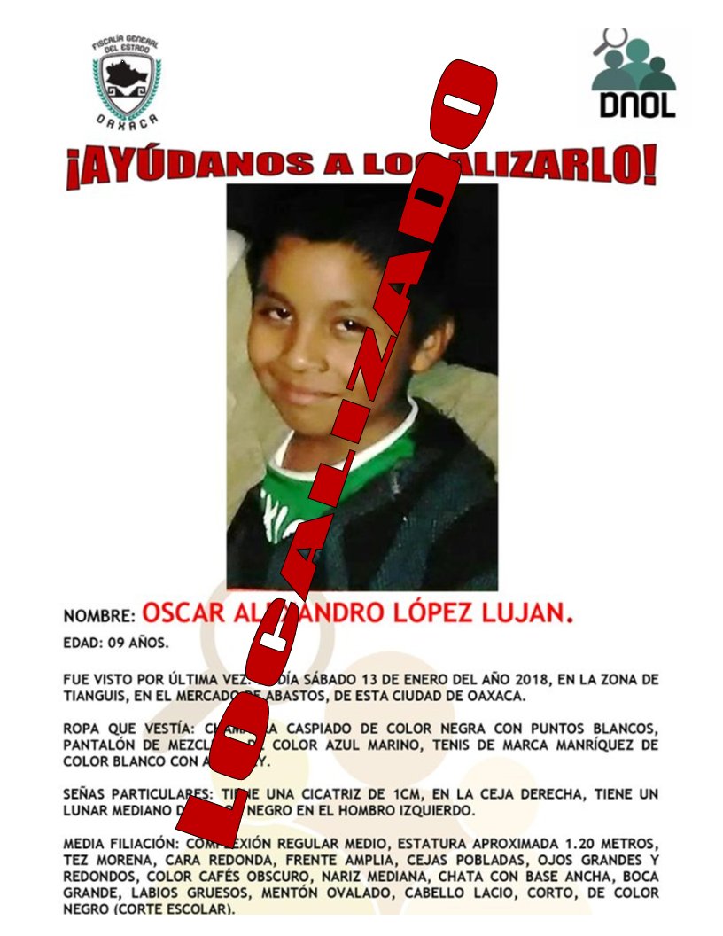 VFGO_Victimas's tweet photo. El niño OSCAR ALEXANDRO LÓPEZ LUJÁN, ha sido localizado, gracias por su apoyo. @SSP_GobOax @Policia_GobOax @FISCALIA_GobOax https://t.co/1fNdUUFvzl