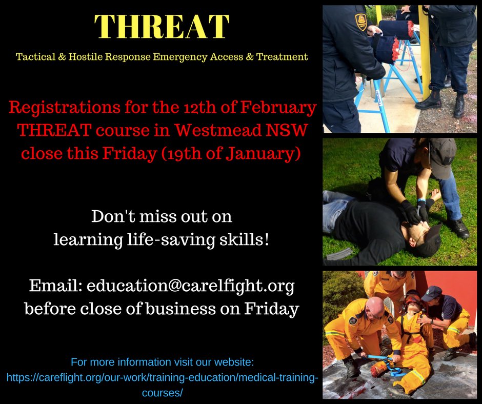 Don’t miss out on learning life-saving skills. Registrations are closing this week for our February course. Relevant to all first responders. #THREAT #tourniquet #haemorrhage