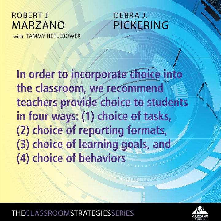 MarzanoResource's tweet photo. Choice in the classroom has  been linked to increases in student effort, task performance, and subsequent learning. Read #studentengagement tips: https://t.co/6SkLZIYgrY https://t.co/slv7ZAQzXS