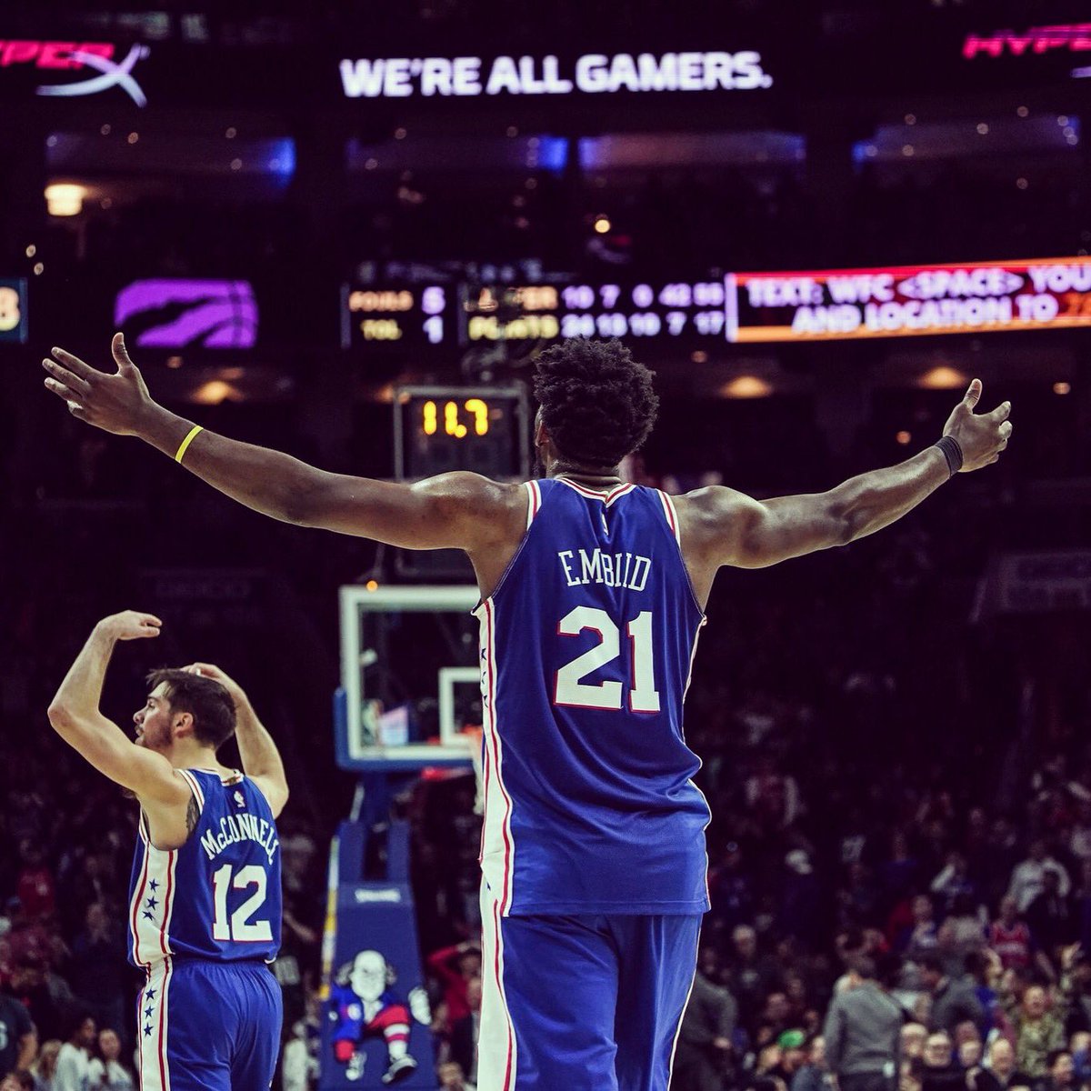 The GOAT in front of Joel hyping up the crowd #BurnerAccount #TheProcess