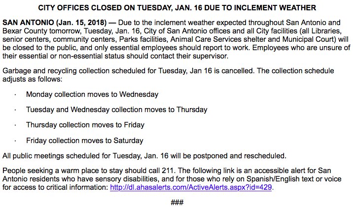 COSAGOV's tweet photo. Do you have questions about garbage pickup and other city services during tomorrow's inclement weather event? Here's some more info. https://t.co/rdl0dKSnas