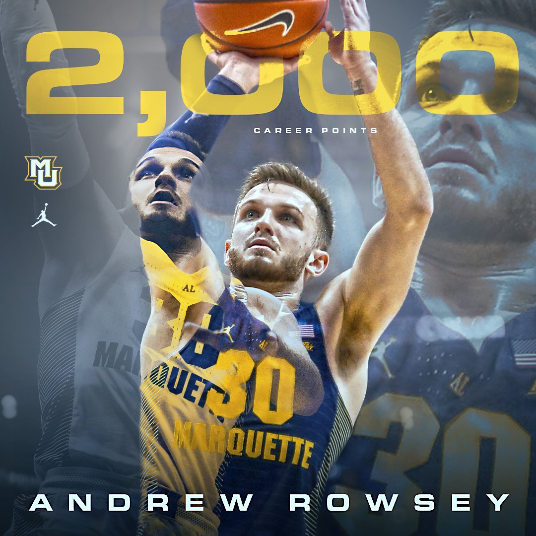 MarquetteMBB's tweet photo. Guard Andrew Rowsey hit 2,000 career points with his first free throw of the night. He's scored 758 points in just over a year and a half with #mubb. In addition to his time at UNC-Asheville, he's scored 2,002 in his career. https://t.co/45KIBJ3B0M