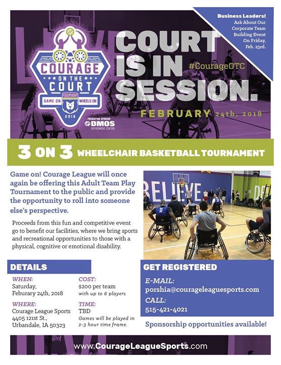Courageleaguesp's tweet photo. It's BACK!  Our annual #CourageOnTheCourt fundraiser.   Get your team together today! #WheelchairBasketball https://t.co/oJXYUhLNIa