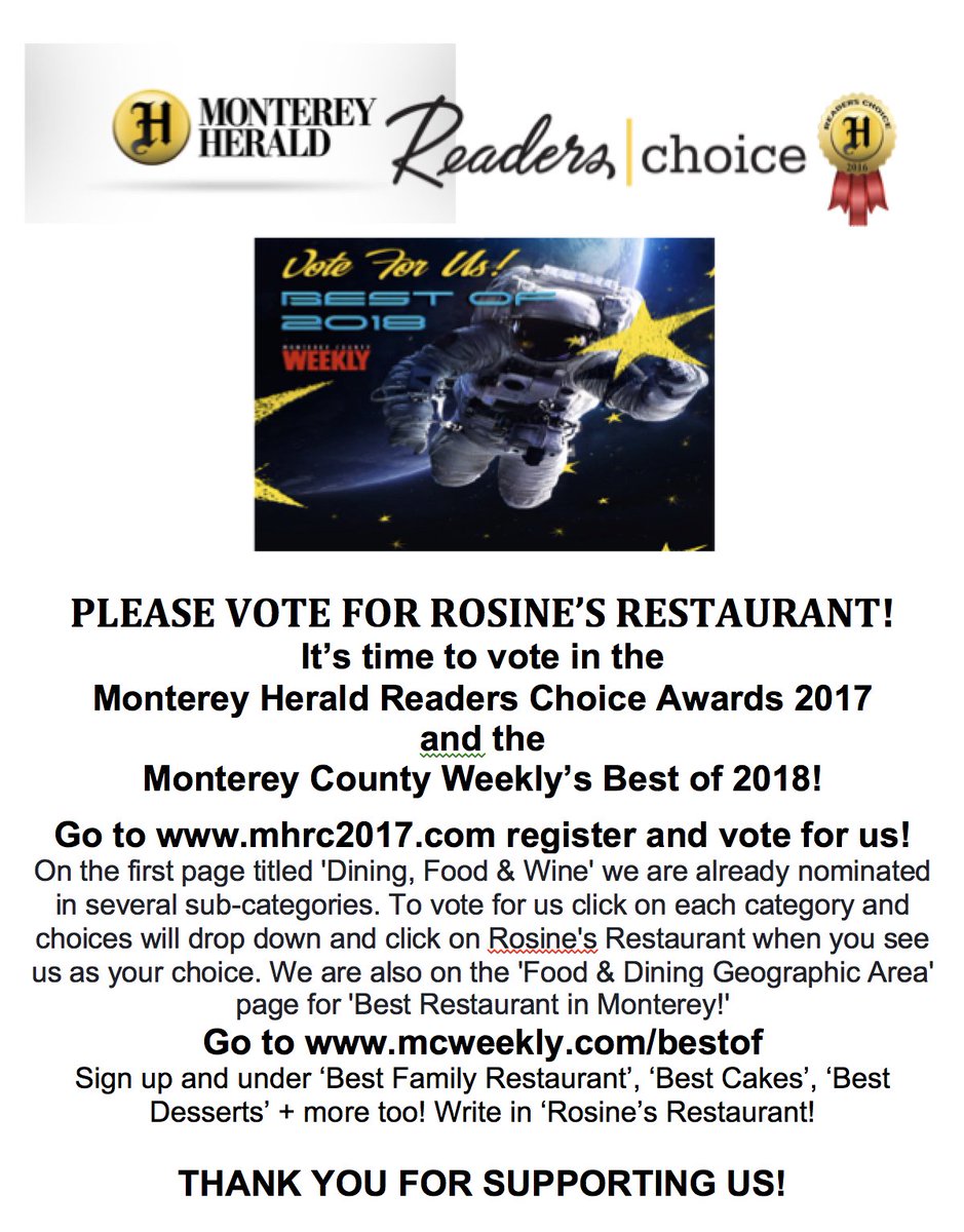 RosinesMonterey's tweet photo. We'd love your votes! See photo for info! Vote Rosine's #Bestdesserts #Bestfamilyrestaurant #Monterey #MontereyHerald #MontereyCountyWeekly #RosinesRestaurant #voteforus https://t.co/C6BNeqV5z1
