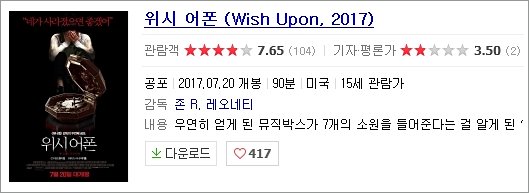 mastercafe1's tweet photo. 위시 어폰(Wish Upon), 2017.07.20 개봉, 7.65 평점.
클레어의 일곱가지 소원.. 소원을 빌때마다 죽어가는 사람들 그런데 그 죽어사는 사람이 누구일지도 모른다는것과 어떻게 죽을지도 모른다는게 독특했는데 마치 데스티네이션을 연상시키기도 했습니다. 그런데 그 죽어가는 방법을 모르기에 https://t.co/7Vgzxgo0Ur