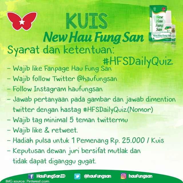 haufungsan's tweet photo. Baca S&amp;K #HFSDailyQuiz dulu ya sebelum ikutan kuisnya! Kuis ini akan diadakan hampir setiap harinya loh.. Semangaaat Sobat HFS #Kuis https://t.co/1LYmPzR16e