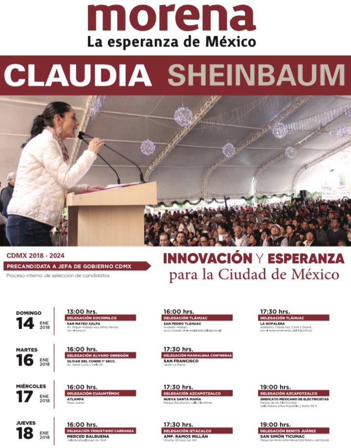 Claudiashein's tweet photo. Buenas noches. Comparto la agenda de recorridos de la precampaña, del 16 al 18 de enero. https://t.co/FDmqMc251b