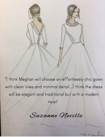 It's all about the dress!...British designer <a href="/suzanneneville/">Suzanne Neville</a> shares her sketches of her prediction for #MeghanMarkle ‘s royal wedding dress!