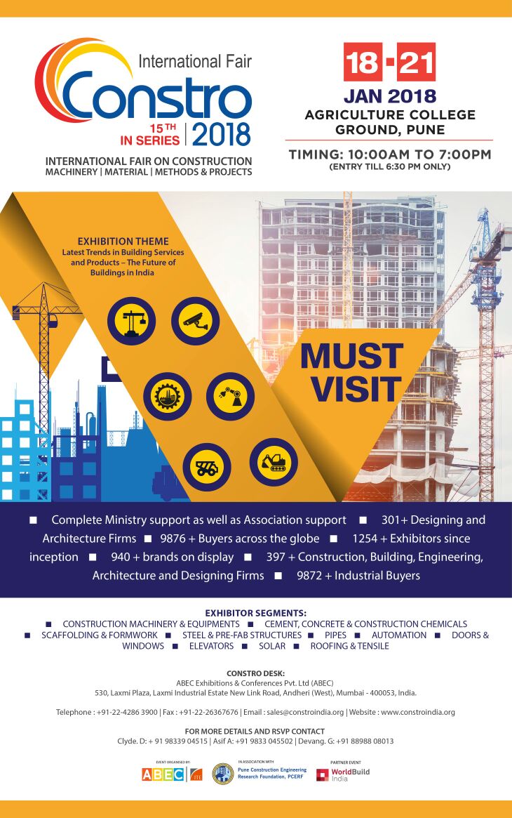 ConstroIntl's tweet photo. Constro 2018
International Fair on Construction, Machinery & Materials
18th to the 21st of Jan, 2018,
Venue:
College of Agriculture,
Behind ESquare,
Sinchannagar,
Ashok Nagar, Pune.
#abec
#Exhibition
#Education
#PMC
#PCMC
#constro2018 https://t.co/eUujfcFsr4