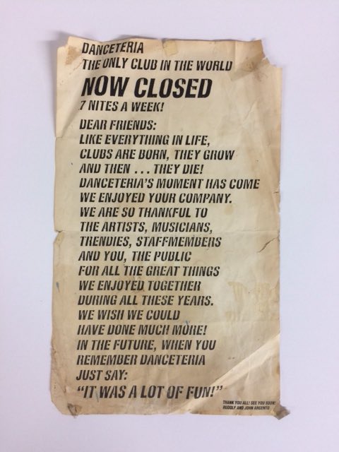 PreventionPoint's tweet image. Xerox poster announcing the closing of Danceteria. Created by cofounders Rudolf Pieper &amp;amp; John Argento in 1986.  A solemn relic from closing night. Indeed, “It was a lot of fun!”