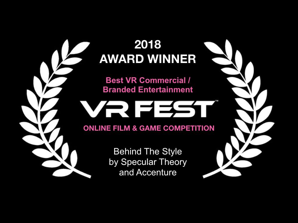 VRFEST's tweet photo. Congrats @SpecularTheory and @Accenture for "Best VR Commercial/Branded Entertainment" with Behind the Style!  #VirtualReality #360 #vrfest2018 https://t.co/k4mBnx30ED
