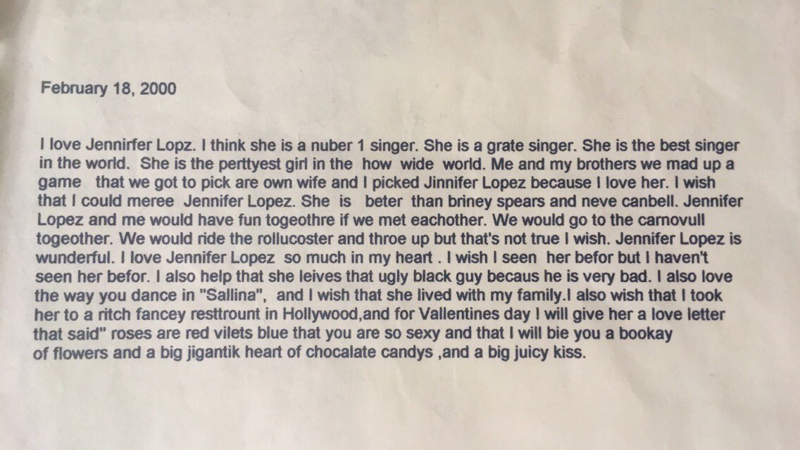 MarcosJaimes4's tweet photo. Hey @JLo I wrote you this when I was 7...still love you haha
#SorryPuff #NoSpellCheck #MomsNeverMailedIt https://t.co/hbbCJEusCA